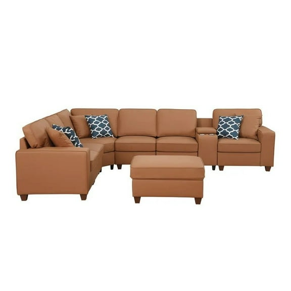 Devion Furniture Artificial Leather Modular Sectional With Ottoman And Cupholder Console - Beige