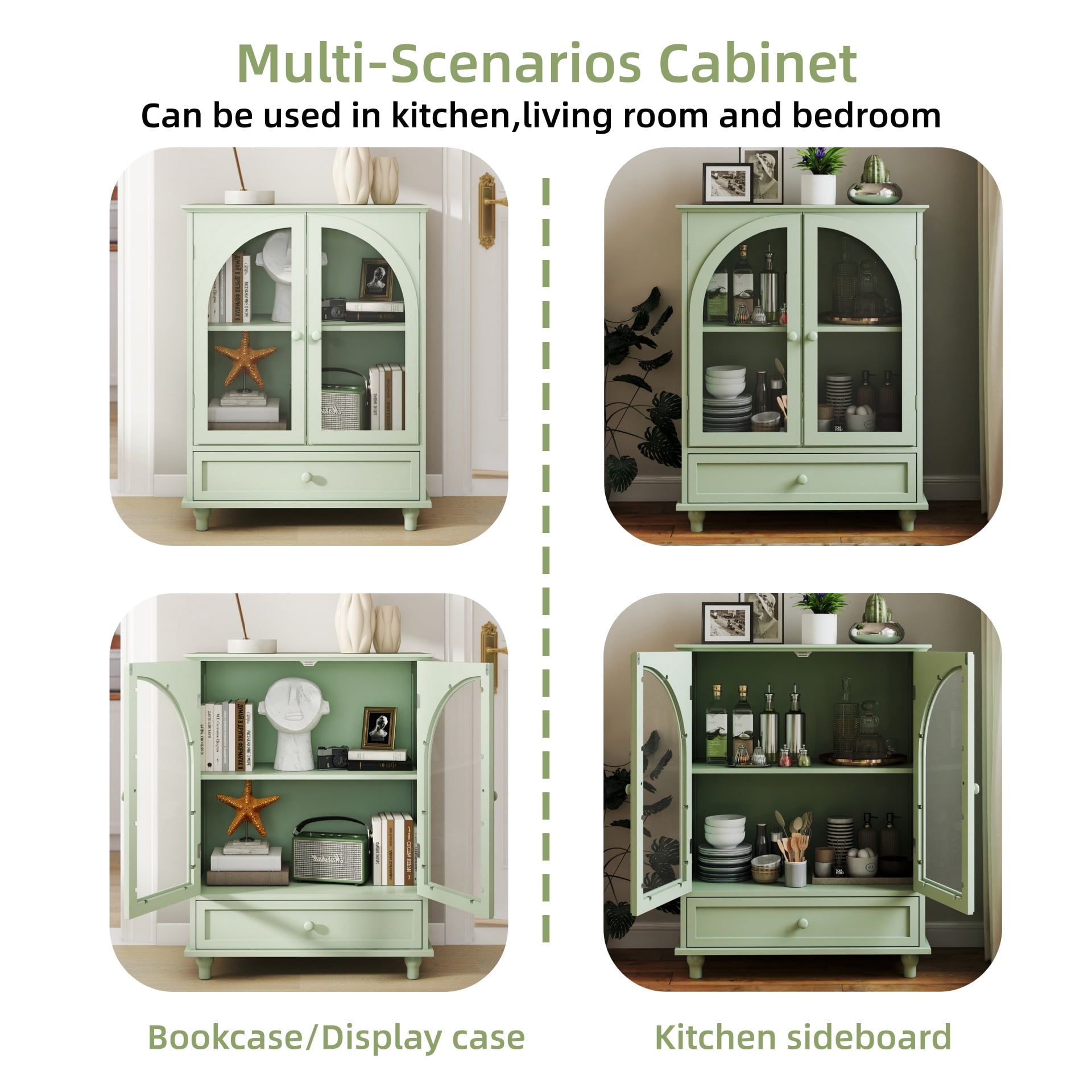 Aukfa Buffet Pantry Cabinet,Arched Glass Door Wood Sideboard Storage Cabinet for Dining Room Hallway Entryway,Green