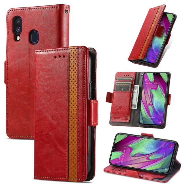 Case for Samsung Galaxy A40 Cover Leather Wallet Folio Case Book Design Flip Magnetic Closure - Red