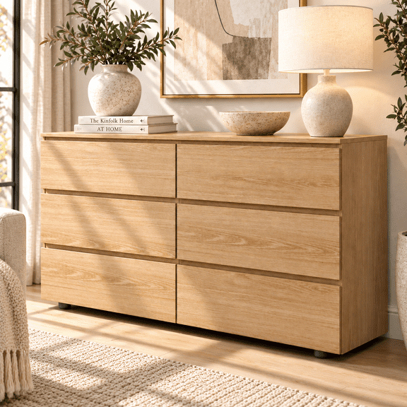 OXYLIFE 6-Drawer Dresser,Storage Cabinet with Drawer Slides,Natural, 59'' x 15.7'' x 32.3''