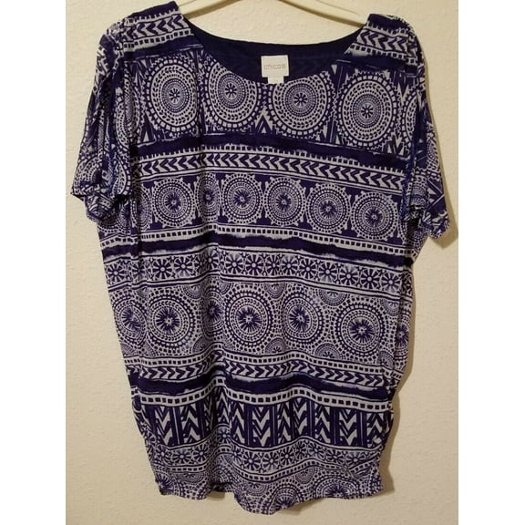 Chicos Pullover Top Womans Sz 2 Blue S Sleeve Nylon Round Neck Geometric