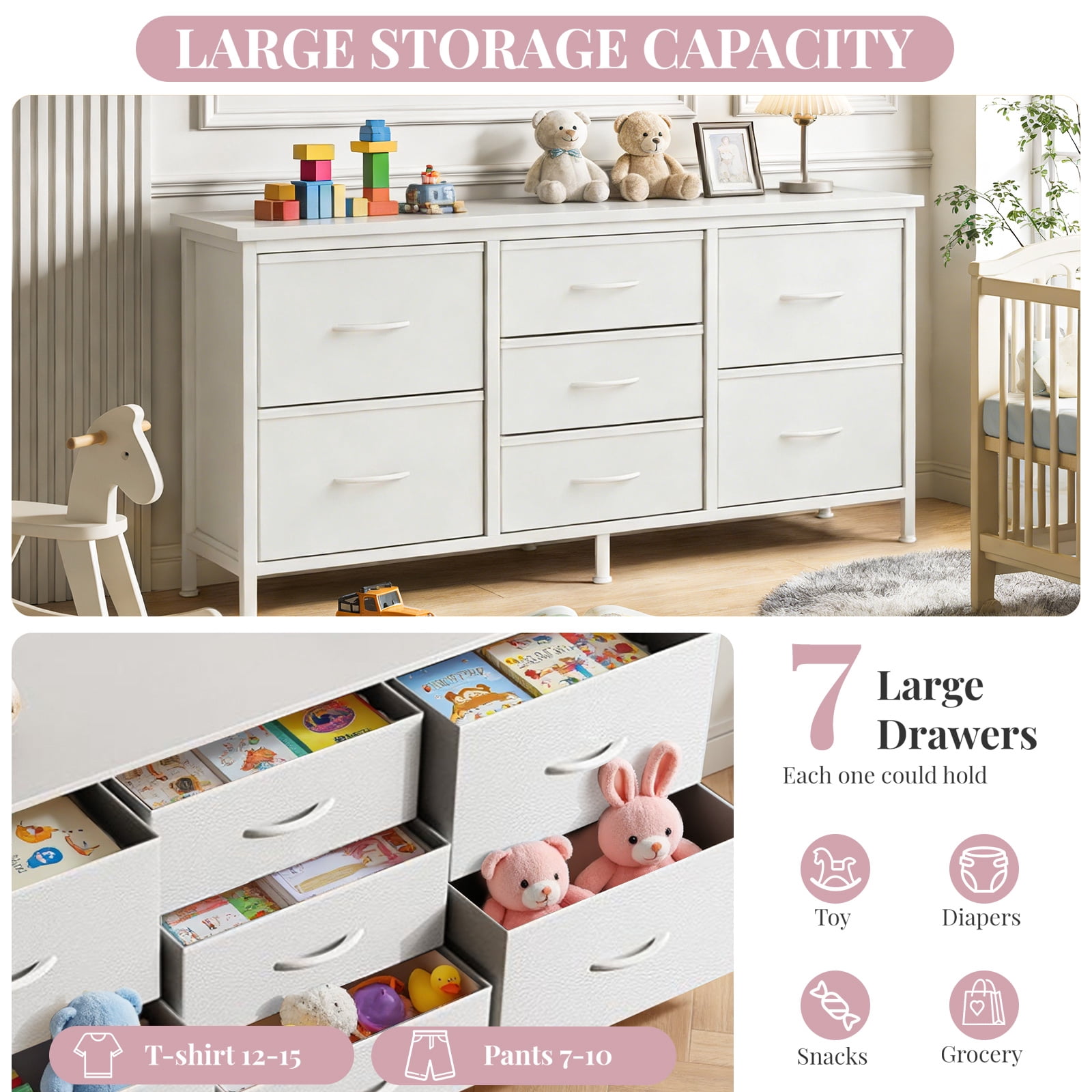 Dresser, Betcozy Storage Organizer with 7 Drawers for Bedroom, Chest of Drawers with Fabric Bins, Sturdy Metal Frame, Wood Tabletop for Guest Room, Closet, Entryway, Nursery, White
