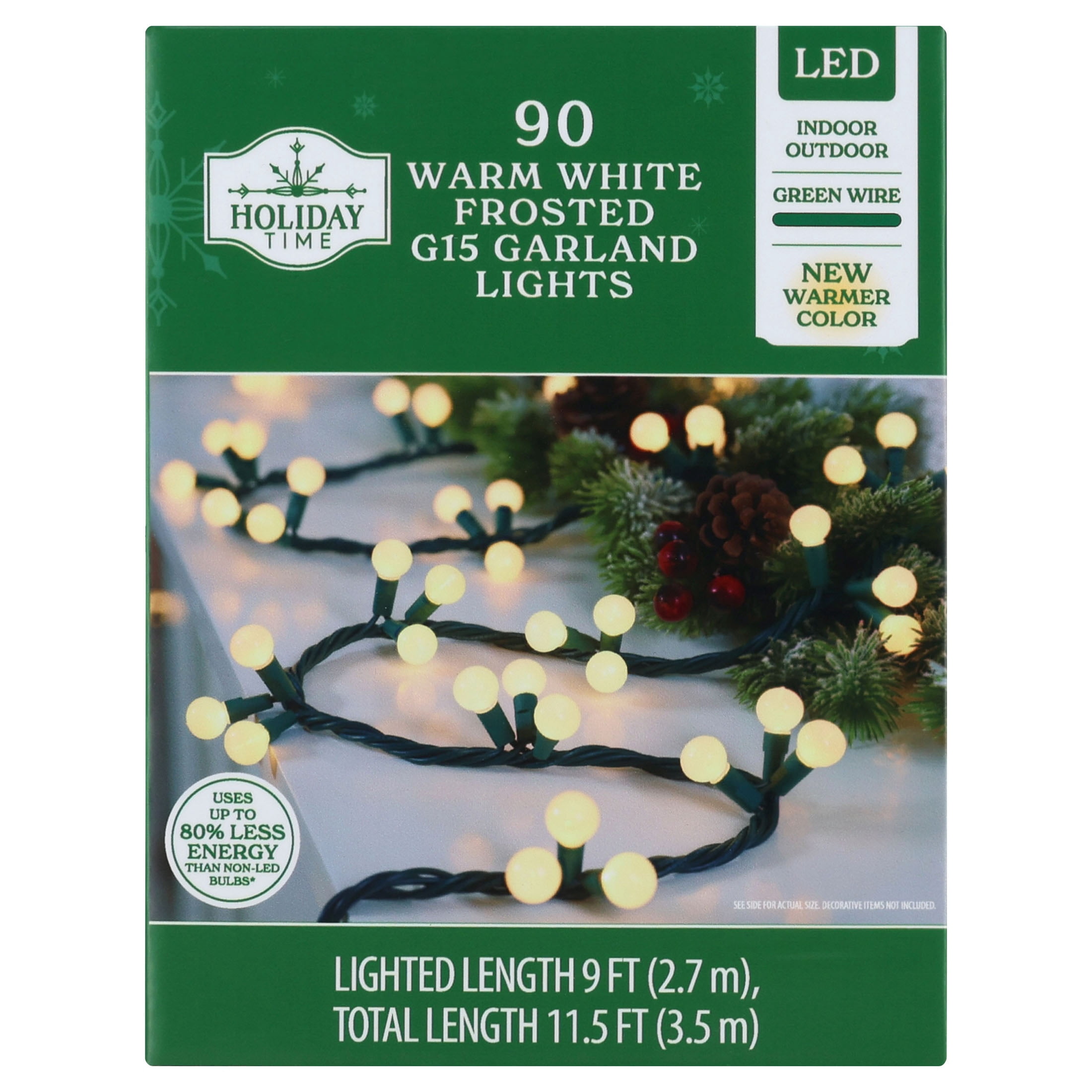 Indoor/Outdoor 90-Count LED G15 Globe Christmas Garland Lights, Frosted Warm White, Green Wire, 9', by Holiday Time