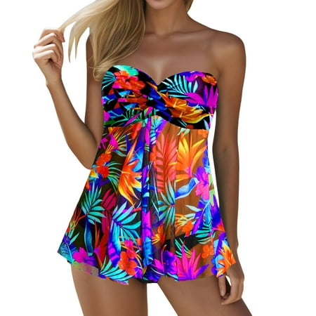 MNCEKFOD Womens Bikini Tops Trendy Printed Mesh Bandeau Tankini Top Removable Shoulder Strap Swimsuit Bathing Suit Tops Blue S