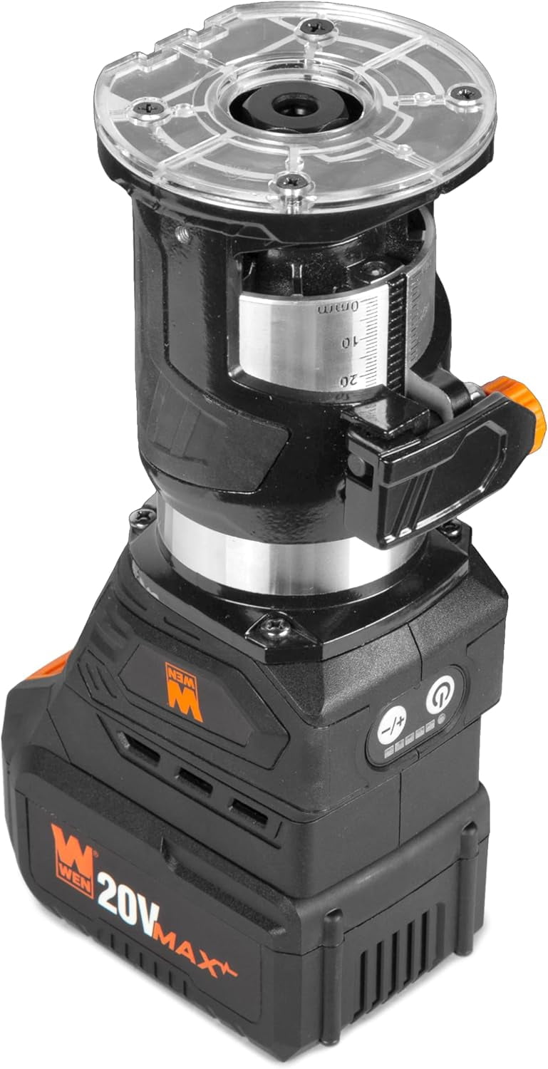 WEN  20V Max Cordless Brushless Compact Trim Router with Fixed Base, 4Ah Lithium-Ion Battery, and Charger (20610)