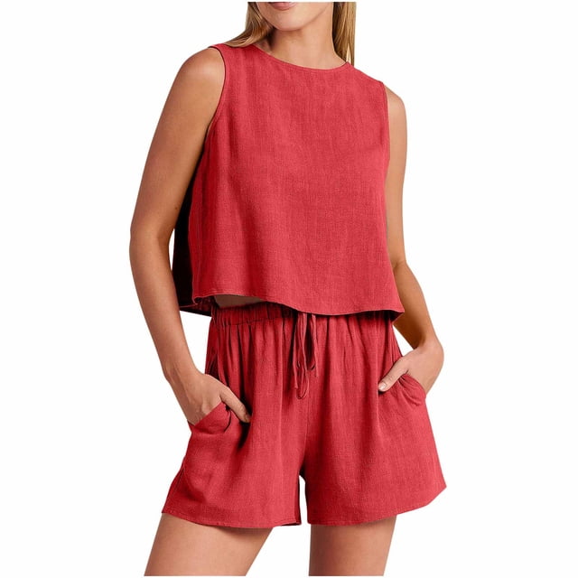 Birdeem Mode Femme Col Rond Blouse Sans Manches Ample Coton Lin Poches Pantalons Ensembles Chemises
