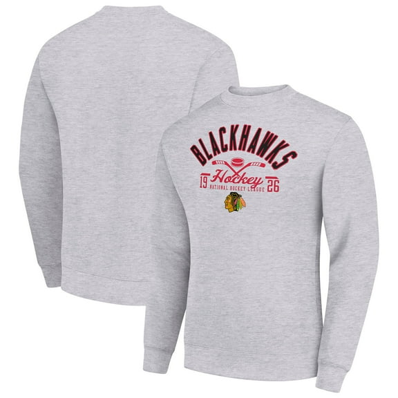 Men's Starter Heather Gray Chicago Blackhawks Stick And Puck Logo Fleece Pullover Sweatshirt