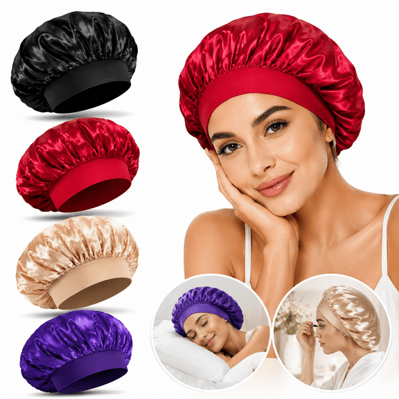 Genreen 4Pcs Satin Bonnet Silk Bonnet, Hair Bonnet for Sleeping, Elastic Wide Band Silk Sleep Cap, Soft and Breathable (Black Red Purple Gold)