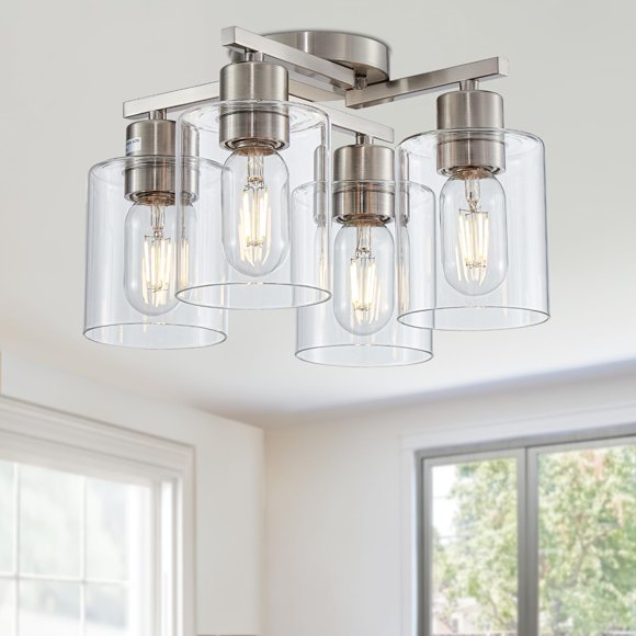 DIDUIO Semi Flush Mount Ceiling Light Kitchen Lighting Fixtures Ceiling Brushed Nickel Kitchen Cieling Light Fixtures with Clear Glass Shade for Dining Room Bedroom Living Roo