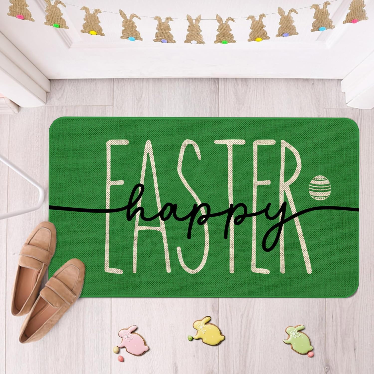 Happy Easter Door Mat Funny Text Indoor mat, Green Holiday Spring Creative Decorative Seasonal Burlap Welcome Floor Mat Switch Mat for Outdoor 17 x 30 in