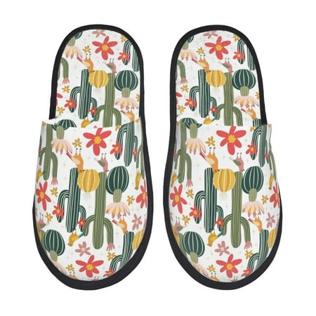 Balery Summer Cactus With Blooming Slient Indoor Furry Fleece Comfort House Shoes Soft Non-Slip Home Shoes Cotton slippers House Slippers-- Large