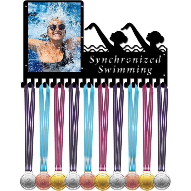 Exhibidor de medallas de natación sincronizada con marco de fotos, soporte de pared metálico para medallas de atletas, incluye 20 ganchos.