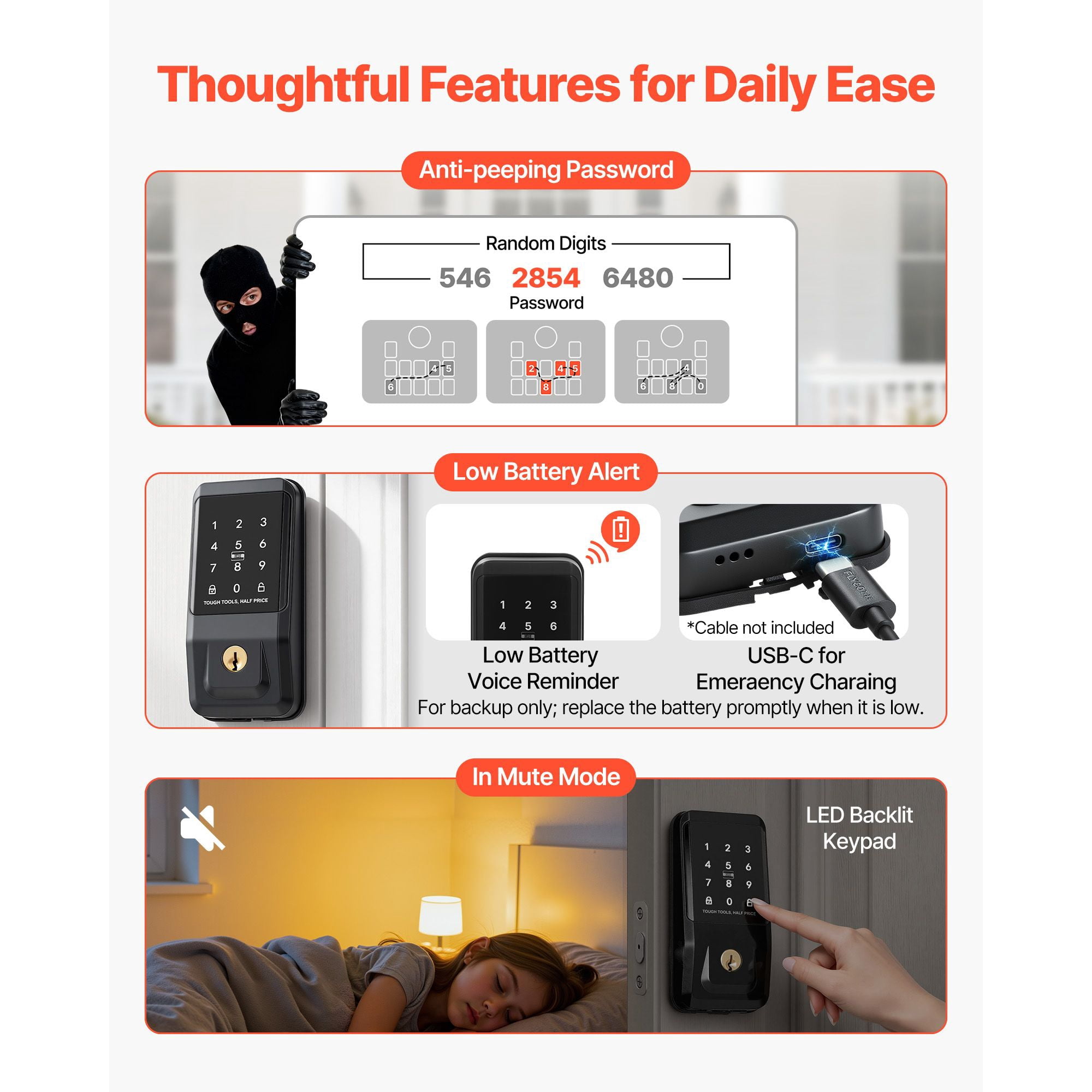 Keyless Entry Door Lock, Electronic Deadbolt with IC Card, Customizable User Codes, Auto Lock, Anti-Peeping Password, Backlit, Easy Installation for Home