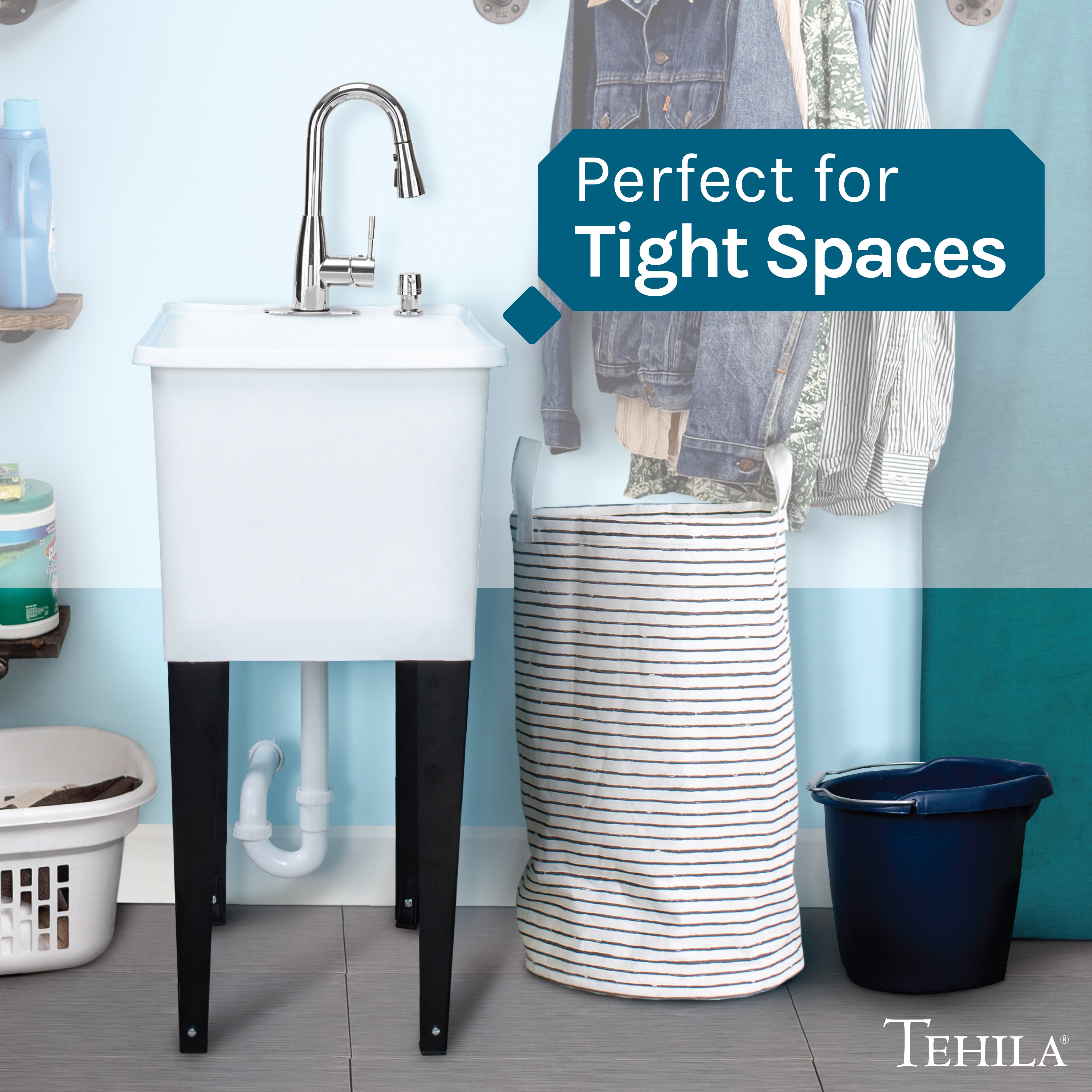 Tehila Freestanding Thermoplastic 16-Gallon White Utility Sink with Chrome Pull-Down Faucet