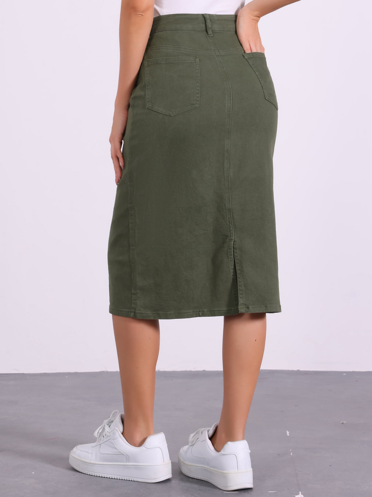 DARING DIVA Women's Denim Split Back Pockets Midi Jean Skirts S Army Green