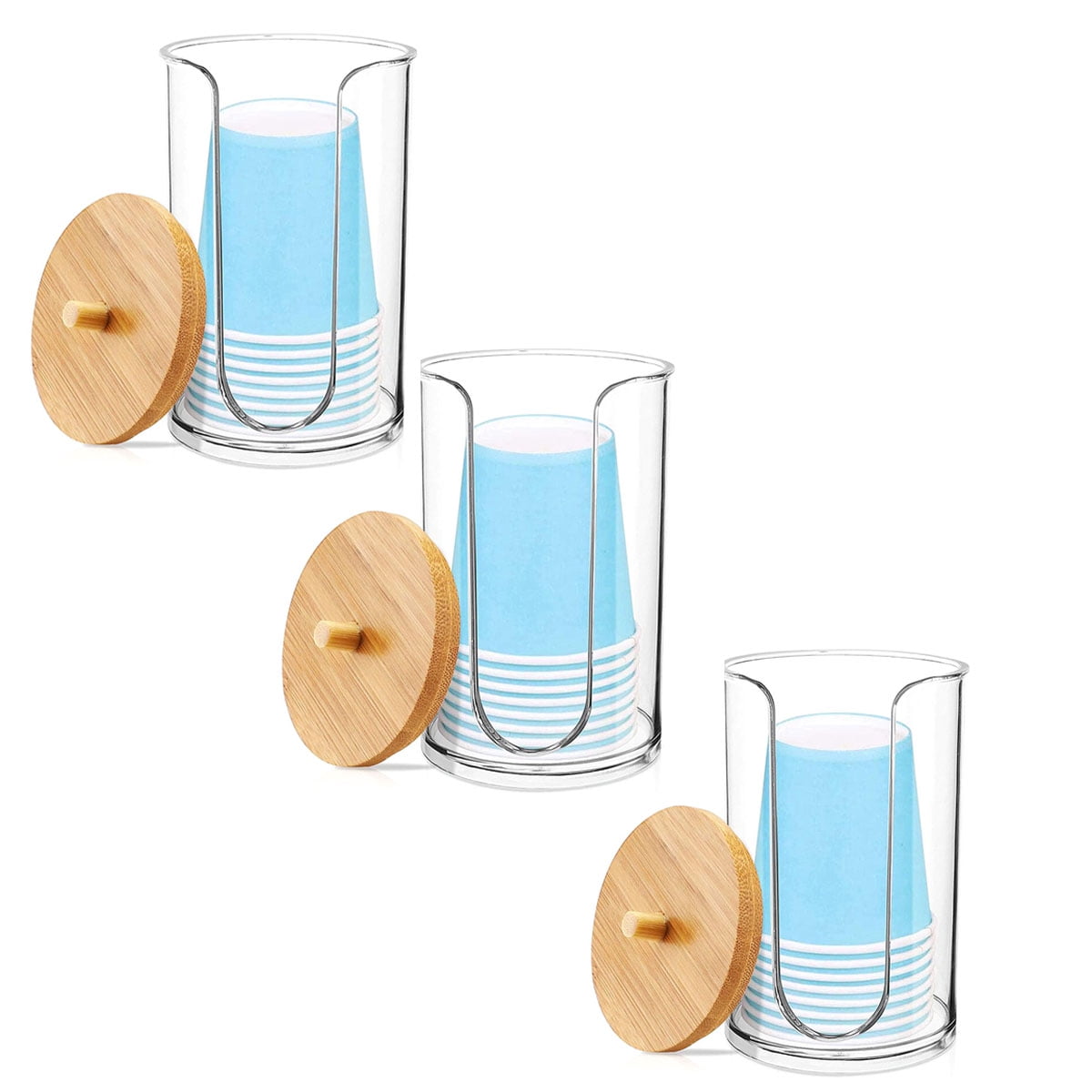 Acrylic Bathroom Cup Dispenser, 3pcs Cup Dispenser with Bamboo Lid