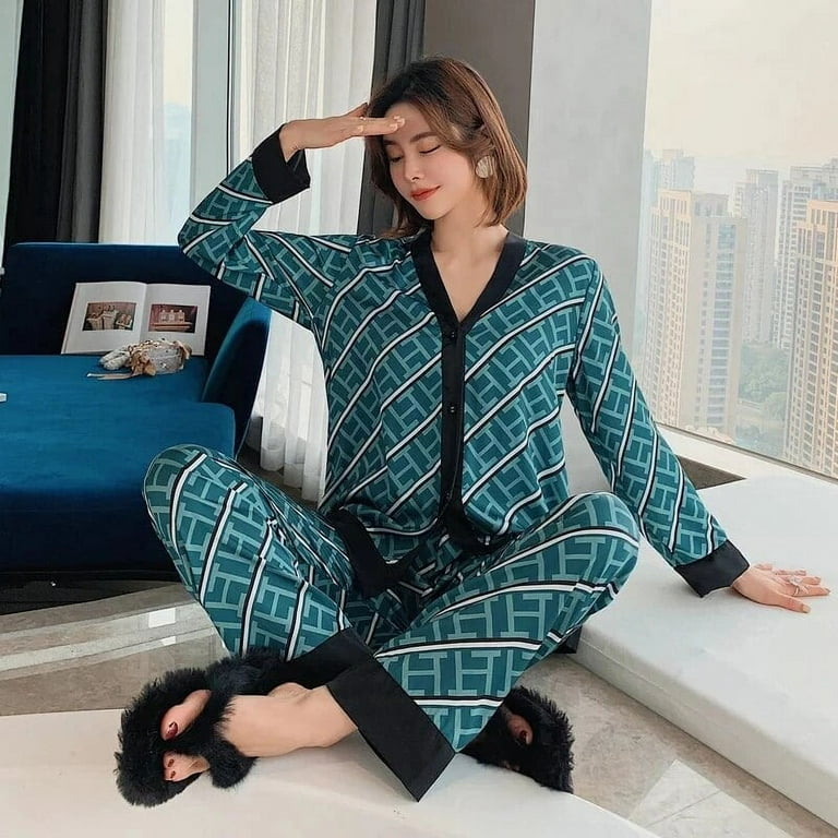 Pajamas Suit Women Satin Print Nightwear Casual 2PCS Pyjamas Set