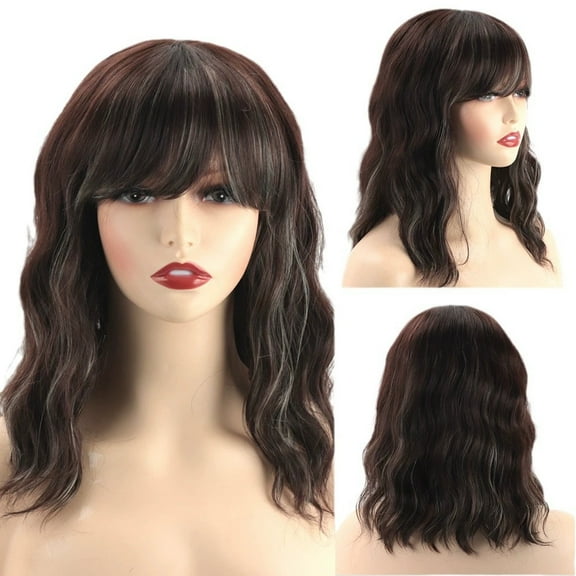 Dopi 14inch Curly Short Bob Lace Wigs Mesh for Black Women Human Hair Dark Brown Wavy Wigs with Bangs Natural for Black Women Party Daily Life Brown 14inch