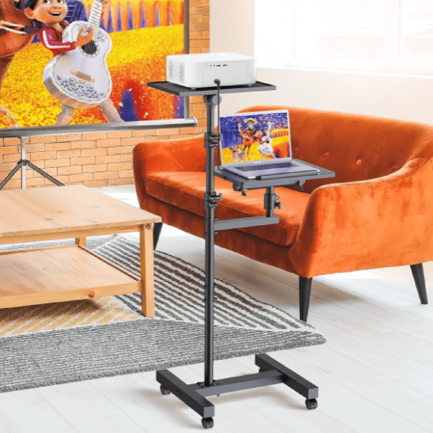 2 Shelves Projector Stand Tripod, Height Adjustable Max 64", Mobile Laptop Cart on Wheels Projector Tripod Stand, Overbed Table with Wheels, Rolling Laptop Floor Stand for Couch