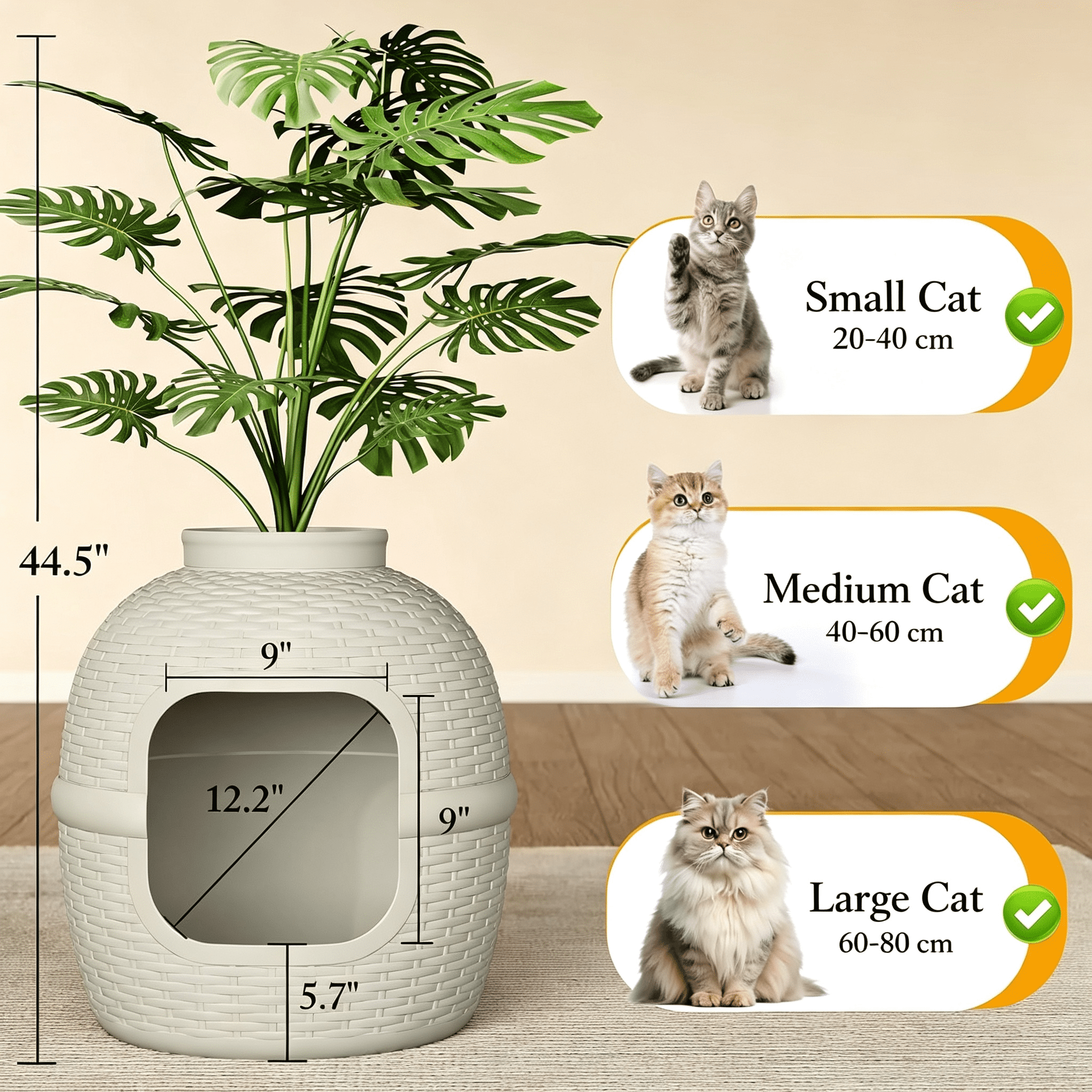 Rattan Cat Litter Box Enclosure 18x18x20 Inch Off-White Covered Litter Box Furniture Heavy Duty PP Natural Stones