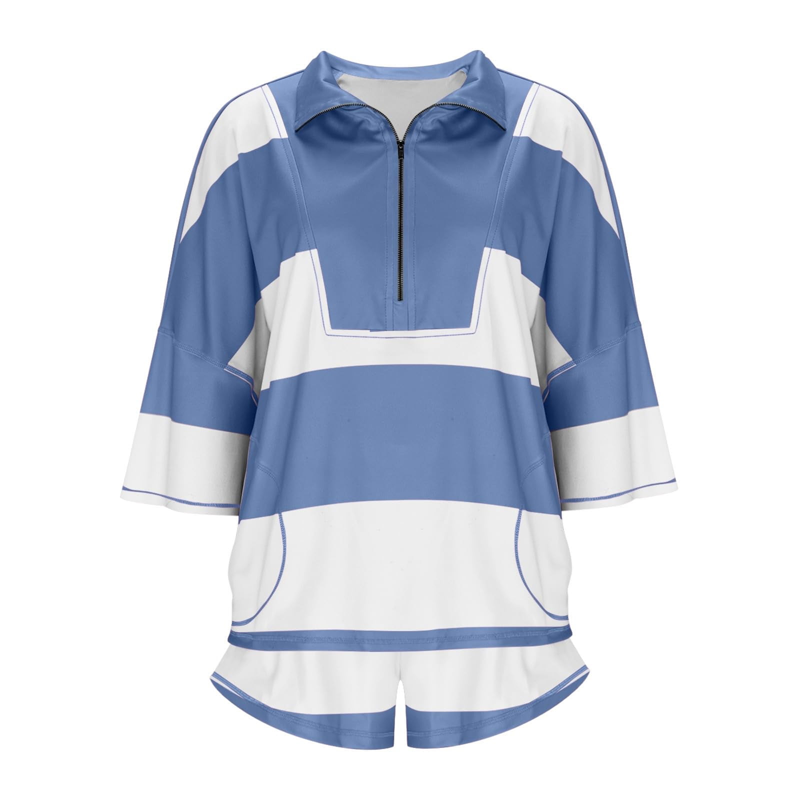 Womens 2 Piece Workout Sets Summer Outfits Striped Matching Lounge Set Oversized Quarter Zip Shirt and Shorts