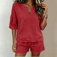 thumbnail image 5 of Women's Cotton Elastic Waist Two Piece Outfit V Neck Ruffle Short Sleeve Top with Shorts, Solid Casual Summer Set, Lounge Maternity Activewear Shorts | VerBelle,Red S, 5 of 8