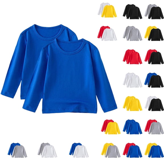 HVOBTTY Toddler Kid's Long Sleeve Crew Neck T-Shirt Solid Color Breathable Lightweight Casual Wear Top, 2-Pack