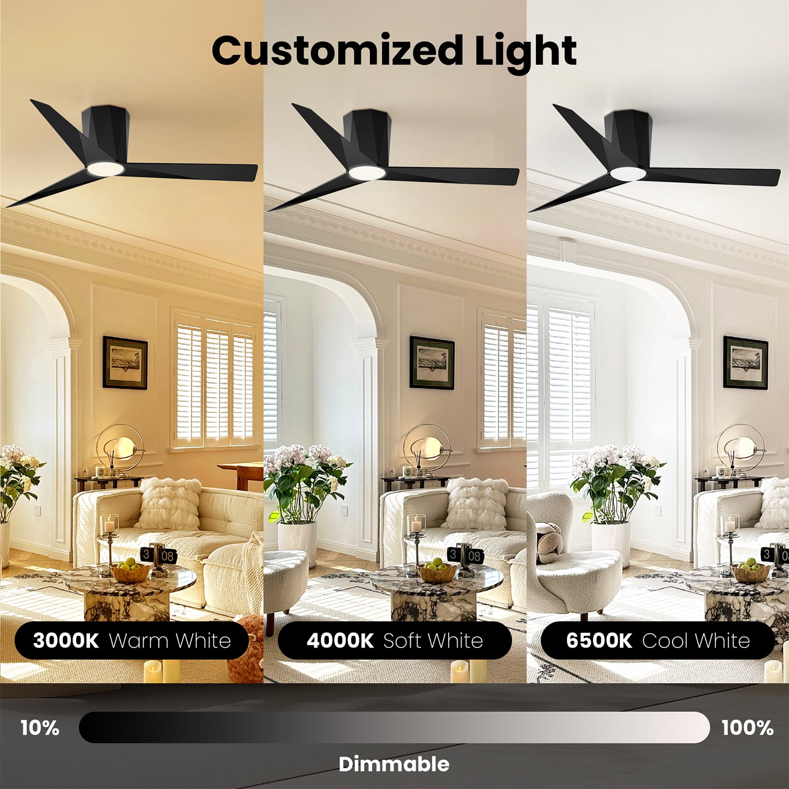 52 Inch Black 3-Blade Modern Ceiling Fan with 3CCT Dimmable LED Light, Reversible DC Motor, Remote & 1H Timer for Bedroom Living Room Kitchen