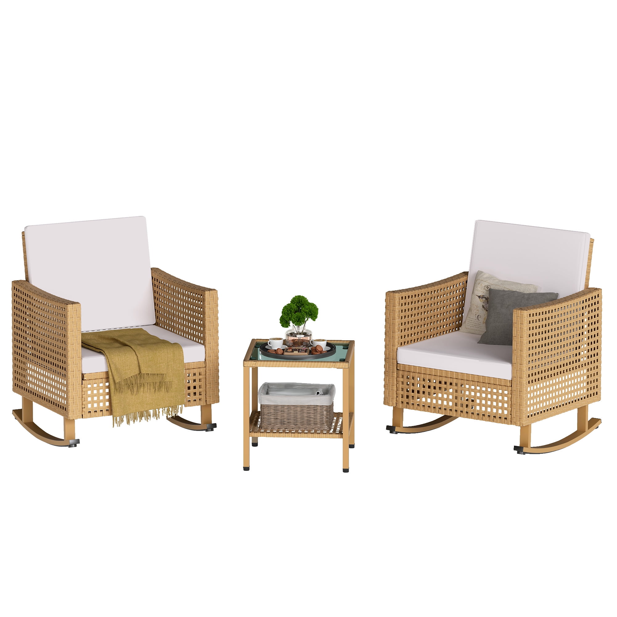 Uforic 3-Piece Outdoor Rocking Chairs, Wicker Patio Furniture with Thickened Cushions and Table for Porch (Brown)