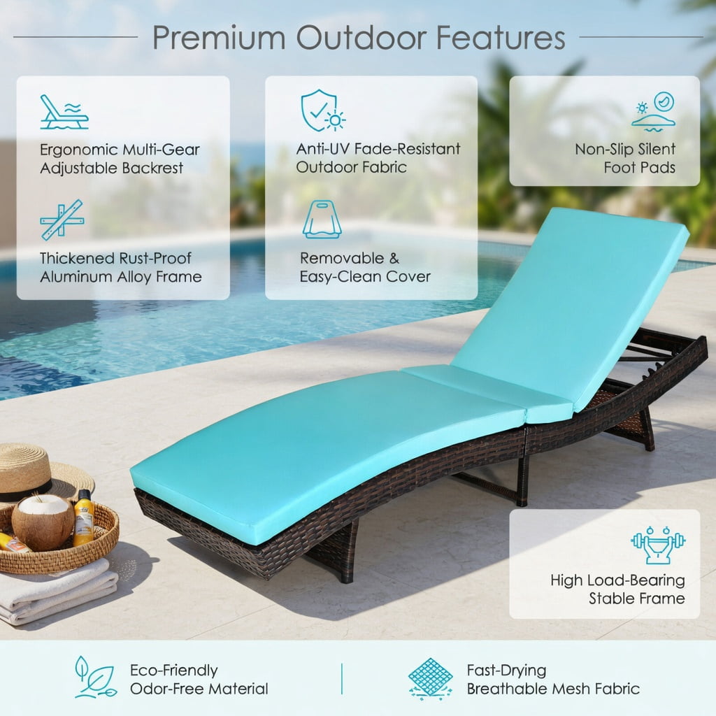 Hommoo Adjustable Folding Rattan Chaise Lounge Chair with Removable Cushion, Outdoor Patio, Poolside & Deck Lounger, Turquoise