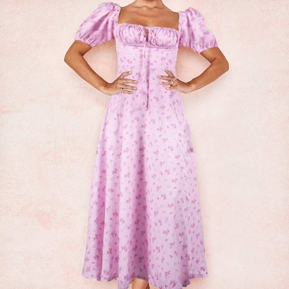 New Pollen Florets Floral Print Maxi Dress With Puff Sleeves, Square Neck And Tie Front