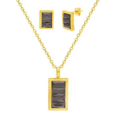 Gold-Tone Stainless Steel Black CZ Rectangle Earring Necklace Set