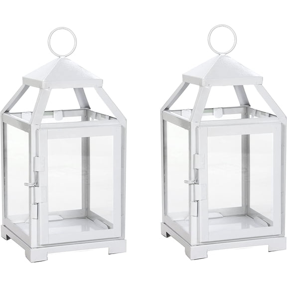 Hosley Set of 2 Clear Glass and Iron White Color Farmhouse Classic Style Lantern 12 Inch High Ideal Gift for Weddings Bridals Special Occasions Parties Aromatherapy and Spa Settings