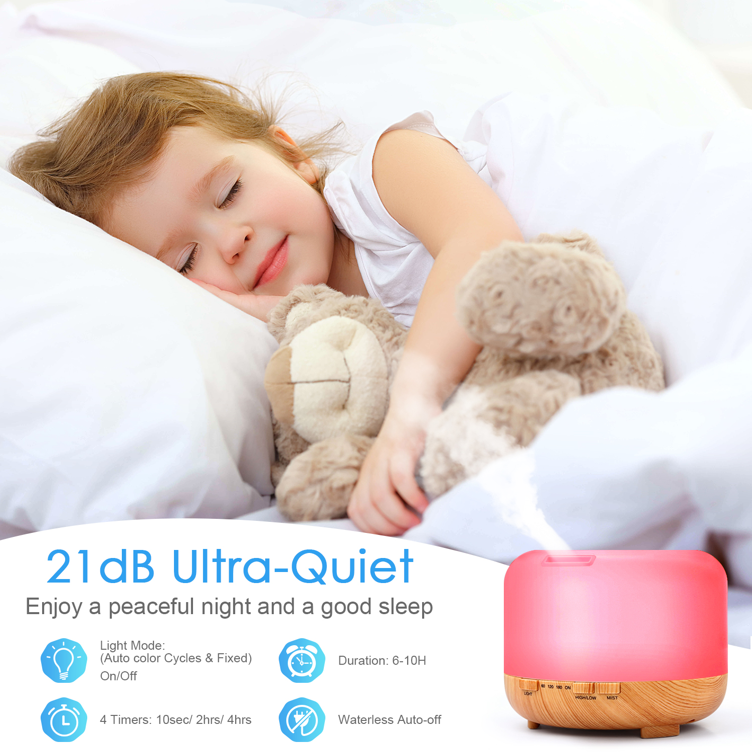 500ml Premium, Essential Oil Diffuser, 5 In 1 Ultrasonic Aromatherapy Fragrant Oil Humidifier Vaporizer, Timer and Auto-Off Safety Switch, 7 LED Light Colors