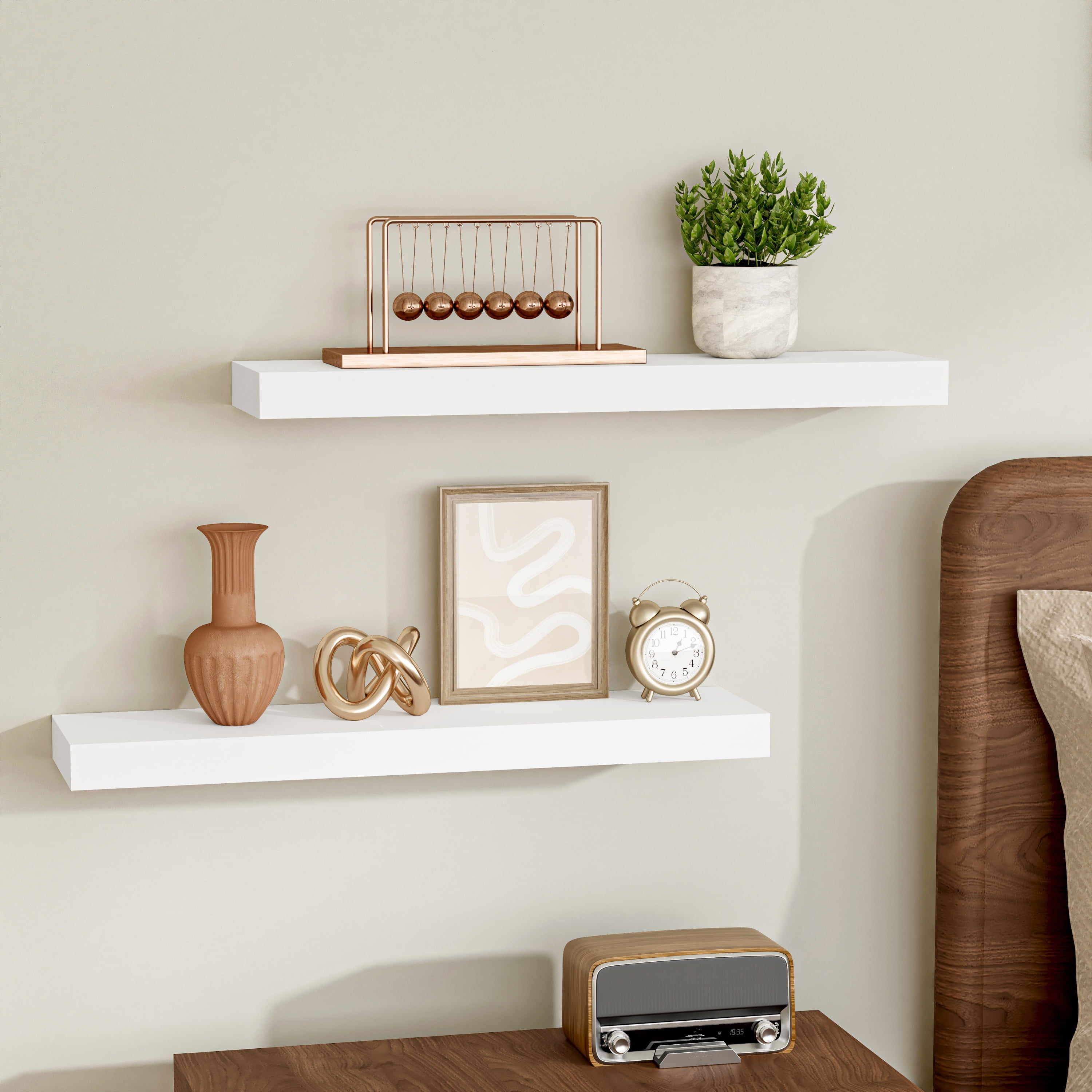 Jouetondream 24X6 White Floating Shelves for Wall, Wood Hanging Shelves up to 20lbs for Bedroom, Bathroom, Kitchen(Set of 2)