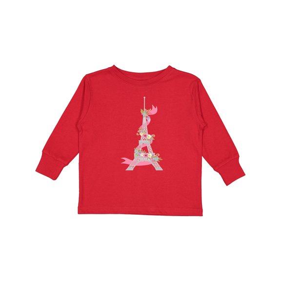 Inktastic Eiffel Tower in Paris with Flowers and Pink Banner Boys or Girls Long Sleeve Toddler T-Shirt