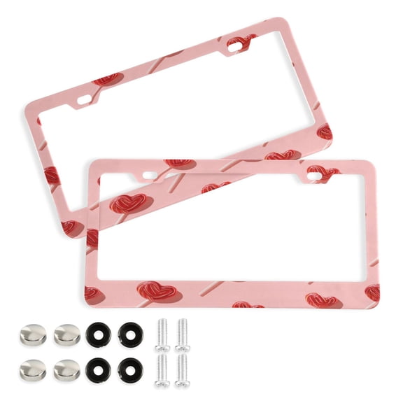 Aluminum License Plate Frame 2 Pack Car Exterior Accessory Car Tag Holder for Front Rear Plates Cars Decor Red Heart-shaped Lollipops