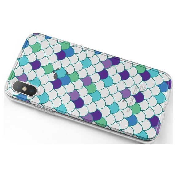 DistinctInk Clear Shockproof Hybrid Case for iPhone X / XS (5.8" Screen) - TPU Bumper, Acrylic Back, Tempered Glass Screen Protector - Mermaid Scales