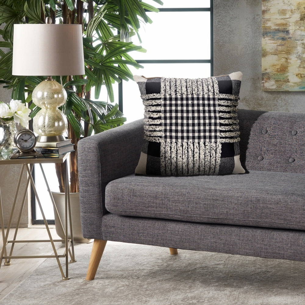 LR Home Elton Plaid Transitional Cotton Throw Pillows, Black/Ivory, 18" x 18", Set of 2