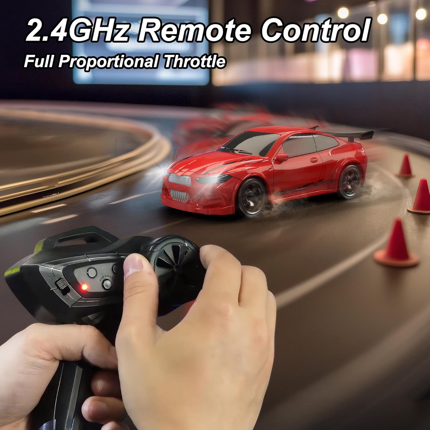 1/64 Scale 2.4G High Speed Drift RC Car, Remote Control Drift 4WD Mini Lights System, Desktop Drift Car for Adults (Red)