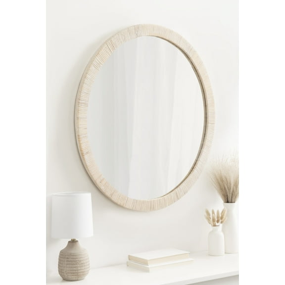 Kate and Laurel Rahfy Boho Round Rattan Mirror, 28 Inch Diameter, White, Decorative Circle Mirror with Wrapped Authentic Rattan Frame for Vanity Bathroom Mirror