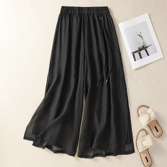 Women's Solid Color Linen Cotton Wide Leg Pants, Elastic Drawstring Waist Casual Loose Trousers, Breathable Summer Palazzo Pants for Women, High Waisted Beach Pants Black L