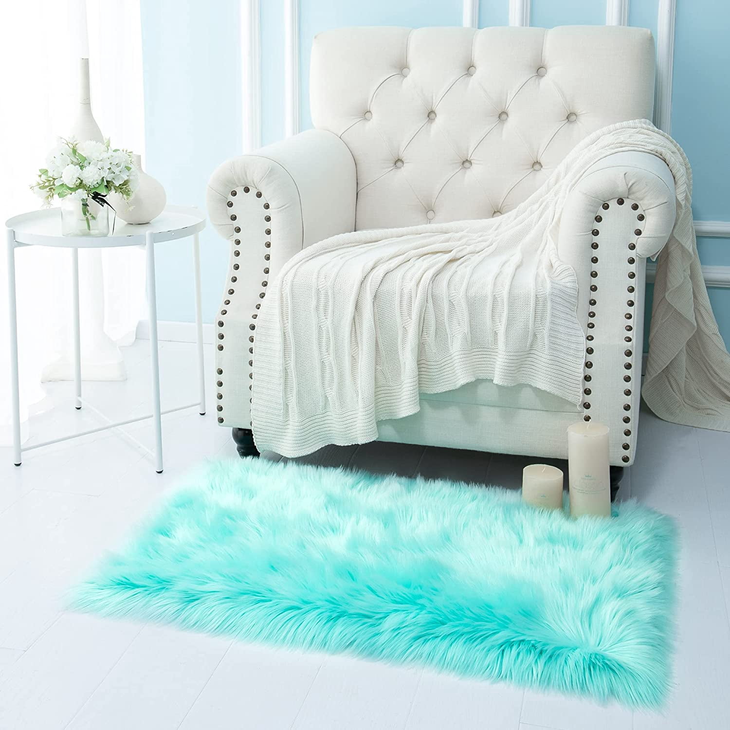 Lochas Soft Fluffy Rugs Faux Sheepskin Area Rug for Bedroom Living Room Bedside Carpet Nursery Washable Floor Mat,2'x4',Blue