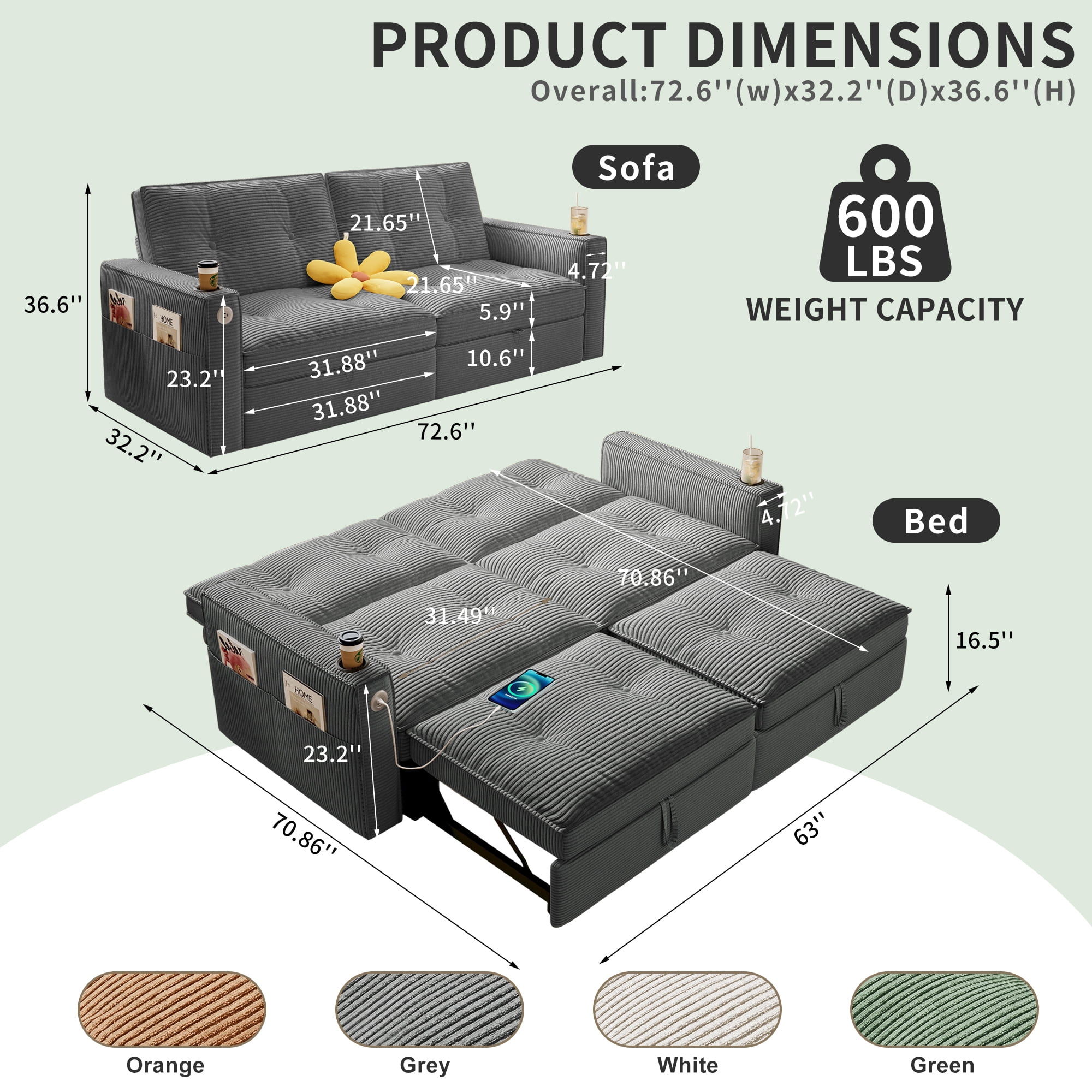 Leumius 73.2" Convertible Corduroy Sofa Bed with Pull Out Bed ,2-in-1 Multi-Functional Sofa Couch with Steel Frame for Living Room,Bedroom,Apartment,Small Spaces,Grey