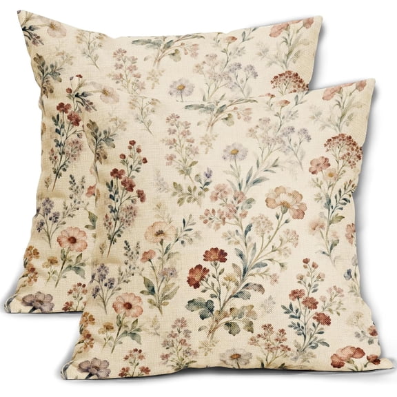 Vintage Floral Pillow Covers 18x18 Inch Set of 2 Spring Rustic Flower Print Decorative Throw Pillowcases Retro Farmhouse Outdoor Cushion Cases Neutral Decor for Sofa Couch Bed