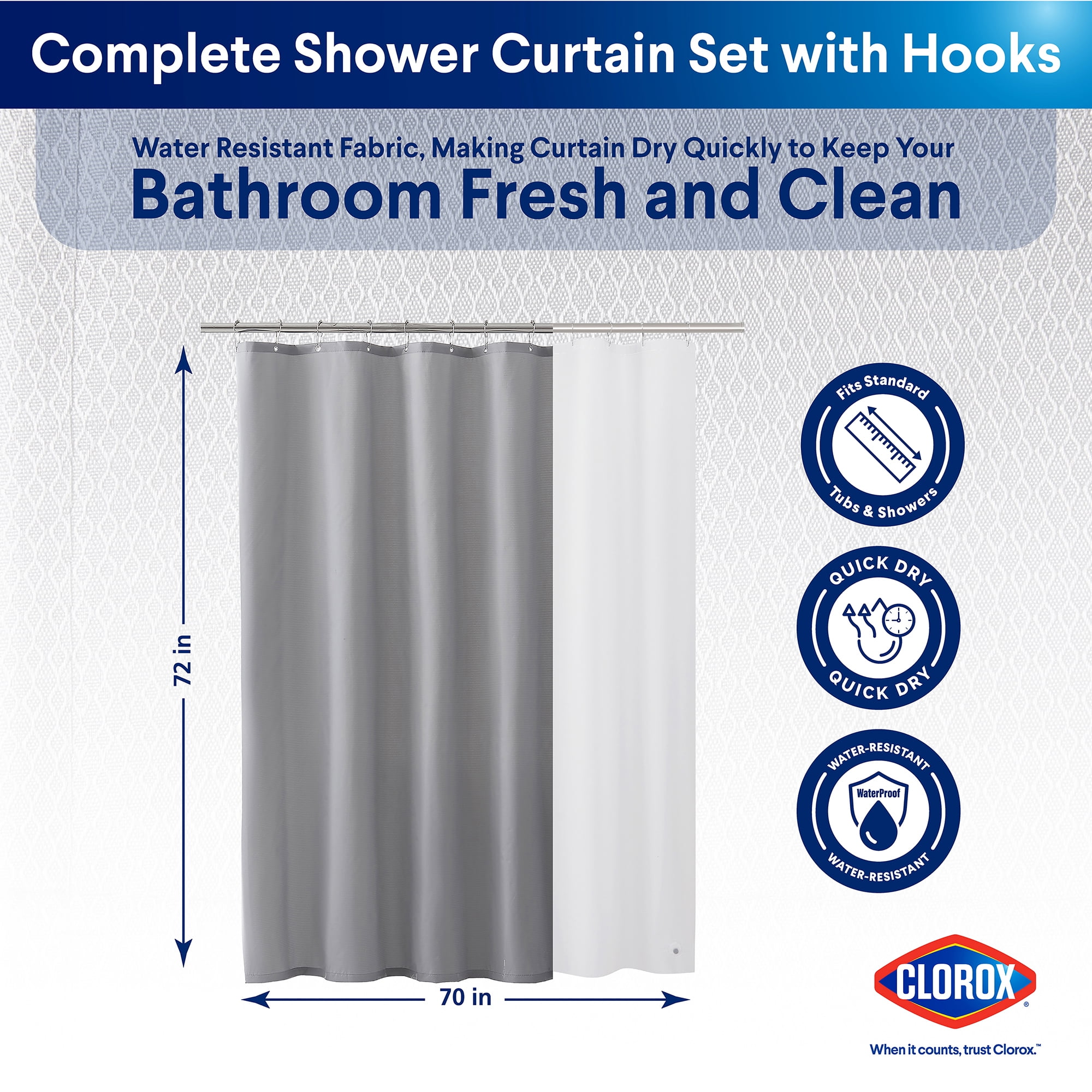 Clorox 100% Polyester Shower Curtain Set with Waterproof PEVA Liner and 12 Metal Hooks (Gray)
