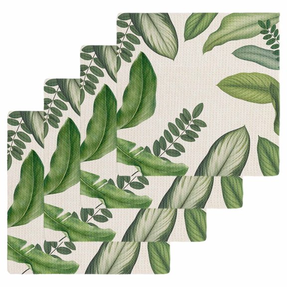 Green Leaves Kitchen Dish Towels for Drying Dishes Set of 4, Tropical Summer Botanical Watercolor Elegant Rustic Waffle Weave Microfiber Hand Tea Bathroom Towels Quick Dry & Absorbent Towel 12x12