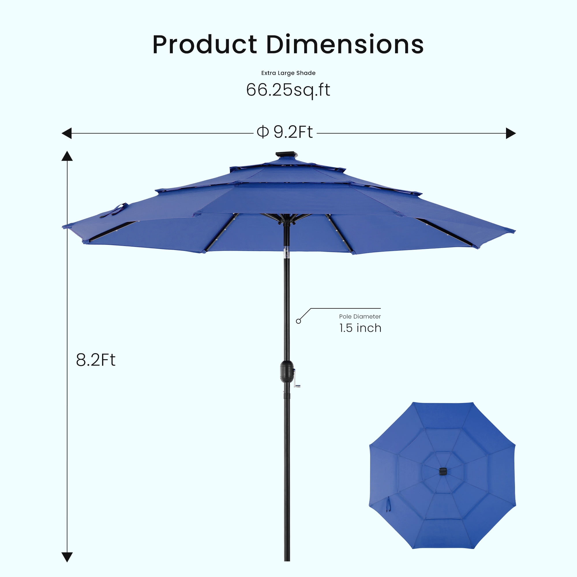 EDX 10ft 3-Tier Solar Patio Umbrella with 32 LED Lights, Outdoor Umbrellas with Push Button Tilt and Crank,Navy Blue