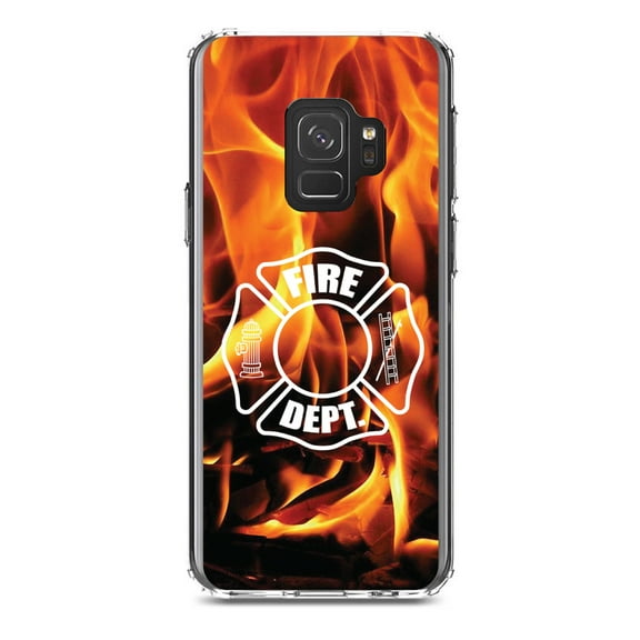 DistinctInk Clear Shockproof Hybrid Case for Samsung Galaxy S9 (5.8" Screen) - TPU Bumper, Acrylic Back, Tempered Glass Screen Protector - Flames Fire Department Maltese Cross - First Responders