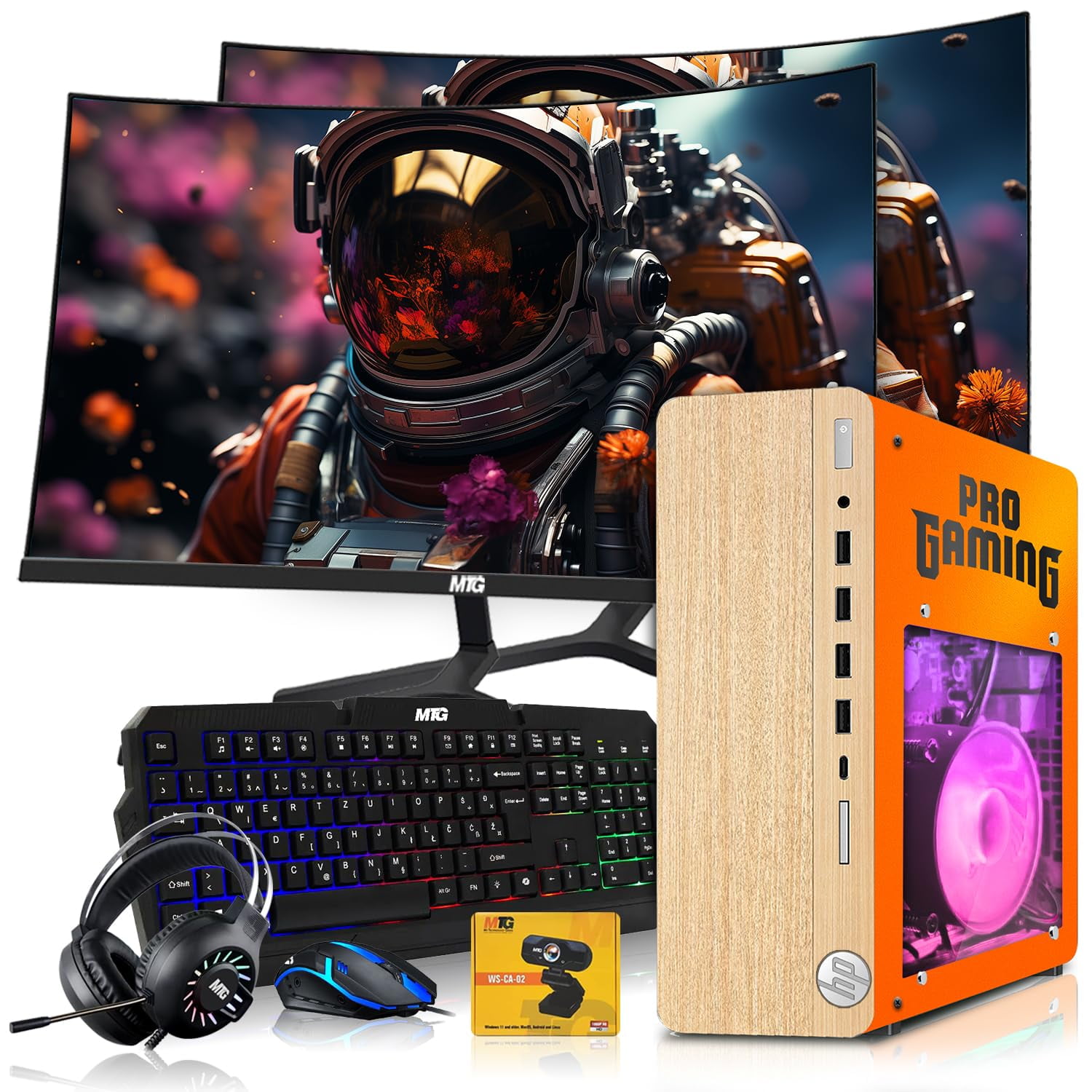 Restored HP Full Light Gaming PC Desktop Computer Phoenix AMD A10-9700,GT 1030,16GB RAM,512GB SSD,Dual 24 Inch Curved Monitor,RGB KBM with AI Copilot,WiFi,RGB Headphone,Webcam,Windows&nbsp;11 (Refurbished)